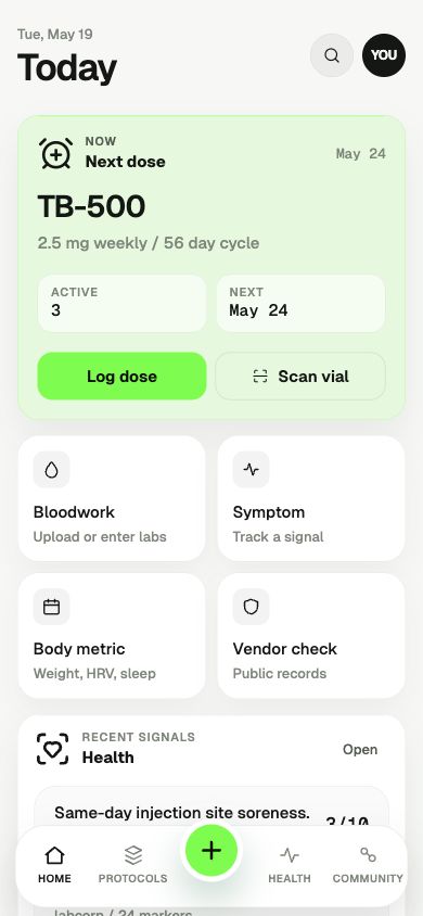 Daymarkr home screen showing next dose, scan vial, and health actions